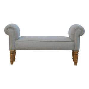 Grey Tweed Scroll Arm Bench | Turned Mango Wood Legs