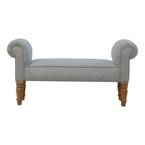 Grey Tweed Scroll Arm Bench | Turned Mango Wood Legs
