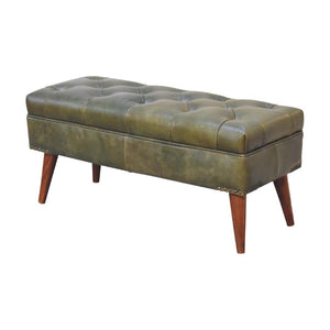 Harbour Olive Green Leather Bench | Buffalo Leather | Solid Mango Wood | Deep Button Seat