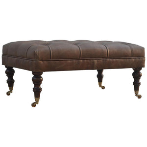 Heritage Buffalo Leather Ottoman | Solid Mango Wood | Deep Buttoned | Walnut Finish