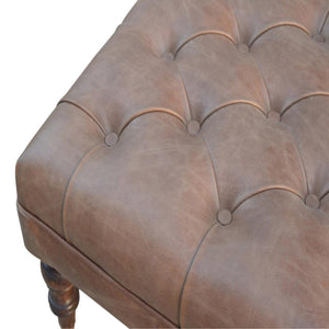 Heritage Buffalo Leather Ottoman | Solid Mango Wood | Deep Buttoned | Walnut Finish