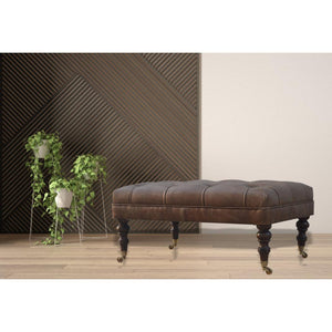 Heritage Buffalo Leather Ottoman | Solid Mango Wood | Deep Buttoned | Walnut Finish