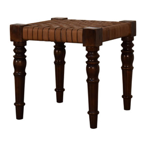 Heritage Woven Leather Footstool | Solid Mango Wood | Chestnut Finish | Turned Legs