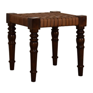 Heritage Woven Leather Footstool | Solid Mango Wood | Chestnut Finish | Turned Legs
