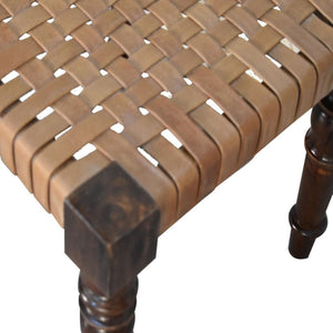Heritage Woven Leather Footstool | Solid Mango Wood | Chestnut Finish | Turned Legs