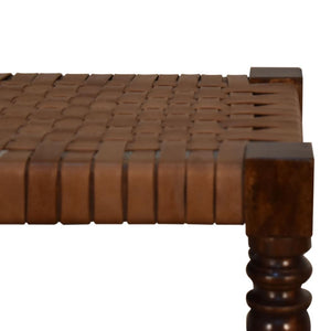 Heritage Woven Leather Footstool | Solid Mango Wood | Chestnut Finish | Turned Legs