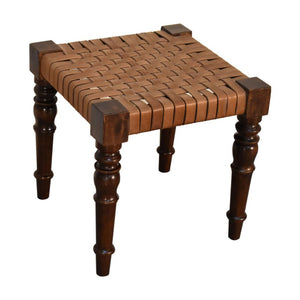 Heritage Woven Leather Footstool | Solid Mango Wood | Chestnut Finish | Turned Legs