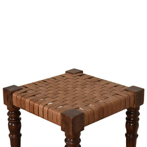 Heritage Woven Leather Footstool | Solid Mango Wood | Chestnut Finish | Turned Legs