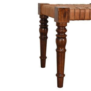 Heritage Woven Leather Footstool | Solid Mango Wood | Chestnut Finish | Turned Legs