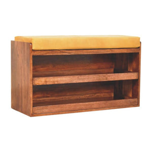 Honey Caramel Shoe Storage Bench | Solid Mango Wood | Buffalo Hide Leather Seat | Pull-Out Shoe Cabinet