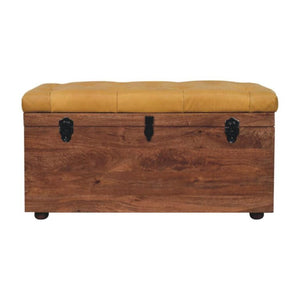 Honey Caramel Storage Trunk | Solid Mango Wood | Buffalo Hide Leather Upholstered Storage Chest