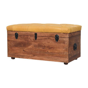 Honey Caramel Storage Trunk | Solid Mango Wood | Buffalo Hide Leather Upholstered Storage Chest