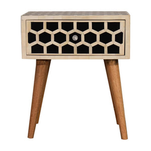 Honeycomb Bone Inlay Bedside Table | Solid Mango Wood | Black & Ivory Finish | 1 Drawer