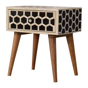 Honeycomb Bone Inlay Bedside Table | Solid Mango Wood | Black & Ivory Finish | 1 Drawer