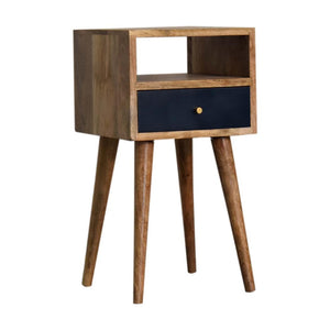 Indigo Mini Bedside Table | Solid Mango Wood | Navy Blue Drawer | Oak Finish