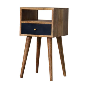 Indigo Mini Bedside Table | Solid Mango Wood | Navy Blue Drawer | Oak Finish