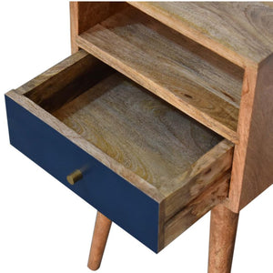 Indigo Mini Bedside Table | Solid Mango Wood | Navy Blue Drawer | Oak Finish