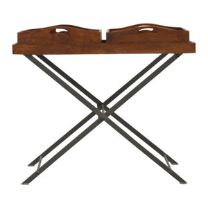 Industrial Butler Tray Table | Solid Mango Wood | Chestnut Finish | Folding Metal Stand