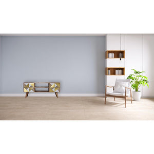 Ivy Marble Detail Media Unit | Solid Mango Wood | Oak Finish | Brass Accent Drawers