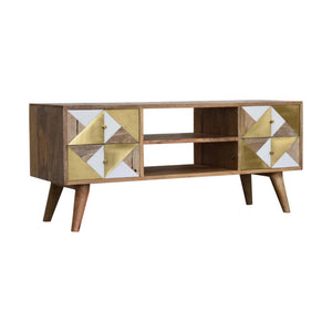 Ivy Marble Detail Media Unit | Solid Mango Wood | Oak Finish | Brass Accent Drawers