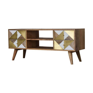 Ivy Marble Detail Media Unit | Solid Mango Wood | Oak Finish | Brass Accent Drawers
