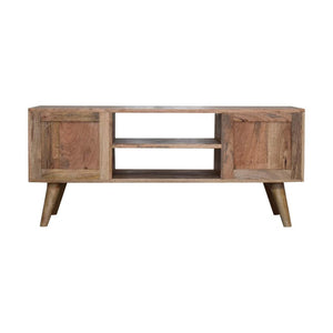 Ivy Marble Detail Media Unit | Solid Mango Wood | Oak Finish | Brass Accent Drawers