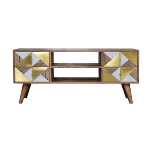 Ivy Marble Detail Media Unit | Solid Mango Wood | Oak Finish | Brass Accent Drawers