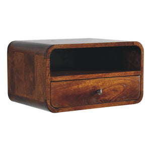 Large Chestnut Curved Floating Bedside | Solid Mango Wood | Upper Slot
