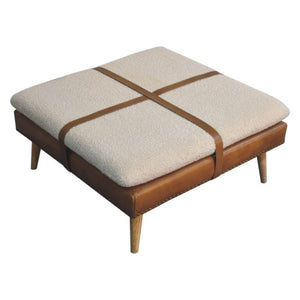 Large Square Footstool | Brown Buffalo Hide Leather & Bouclé | Upholstered Design