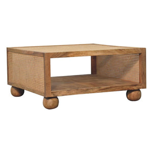 Larissa Large Rattan Coffee Table | Solid Mango Wood | Oak Finish | Open Shelf Coffee Table
