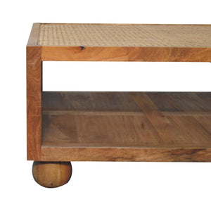 Larissa Large Rattan Coffee Table | Solid Mango Wood | Oak Finish | Open Shelf Coffee Table