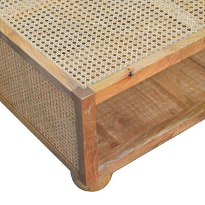Larissa Large Rattan Coffee Table | Solid Mango Wood | Oak Finish | Open Shelf Coffee Table