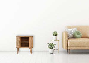 Larissa Open Bedside Table | Solid Mango Wood | Oak Finish | 2 Mini Drawers