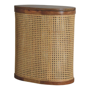 Larissa Round Rattan Storage Stool | Solid Mango Wood | Oak Finish | Lift-Up Lid Seat