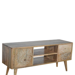 Leaf Resin Entertainment Unit | Solid Mango Wood | Botanical Resin Detail | TV Storage