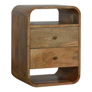 London Bedside Table | Solid Mango Wood | Oak Finish | 2 Drawer Bedroom Nightstand with Open Shelves