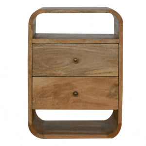 London Bedside Table | Solid Mango Wood | Oak Finish | 2 Drawer Bedroom Nightstand with Open Shelves