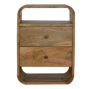 London Bedside Table | Solid Mango Wood | Oak Finish | 2 Drawer Bedroom Nightstand with Open Shelves