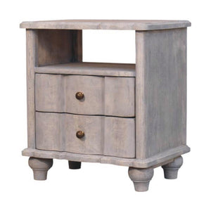 Lume Washed Open Shelf Bedside Table | Solid Mango Wood | Acid Wash Finish | 2 Drawer Nightstand with Open Shelf