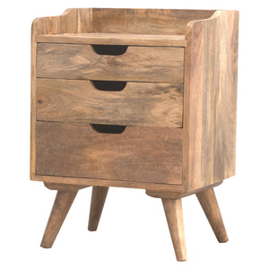 Solid Mango Wood Bedside Table | 3 Drawers | Gallery Back