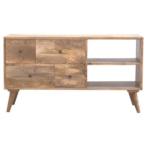 Solid Mango Wood Media Unit | 4 Drawers | Twin Open Shelves