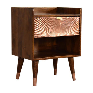 Manila Copper Bedside Table | Solid Mango Wood | Chestnut Finish | 1 Drawer Nightstand with Open Shelf