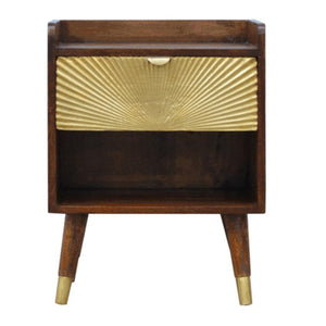 Manila Gold Bedside Table | Chestnut Finish | Brass Sunburst Drawer