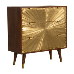 Manila Solar Flare Chest of Drawers | Solid Mango Wood | Chestnut & Brass Finish | 3 Drawers