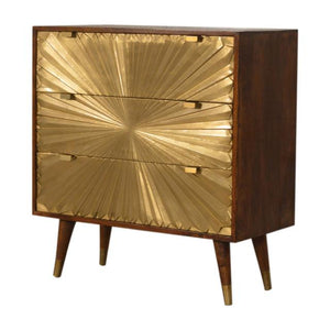 Manila Solar Flare Chest of Drawers | Solid Mango Wood | Chestnut & Brass Finish | 3 Drawers