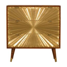 Manila Solar Flare Chest of Drawers | Solid Mango Wood | Chestnut & Brass Finish | 3 Drawers