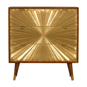 Manila Solar Flare Chest of Drawers | Solid Mango Wood | Chestnut & Brass Finish | 3 Drawers