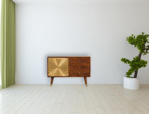 Manila Sunburst Sideboard | Solid Mango Wood | Chestnut & Brass Finish | 1 Door & 3 Drawers