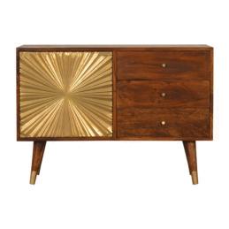 Manila Sunburst Sideboard | Solid Mango Wood | Chestnut & Brass Finish | 1 Door & 3 Drawers