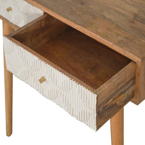Milan White Console Table | Solid Mango Wood | Oak Finish | 2 Carved Drawers
